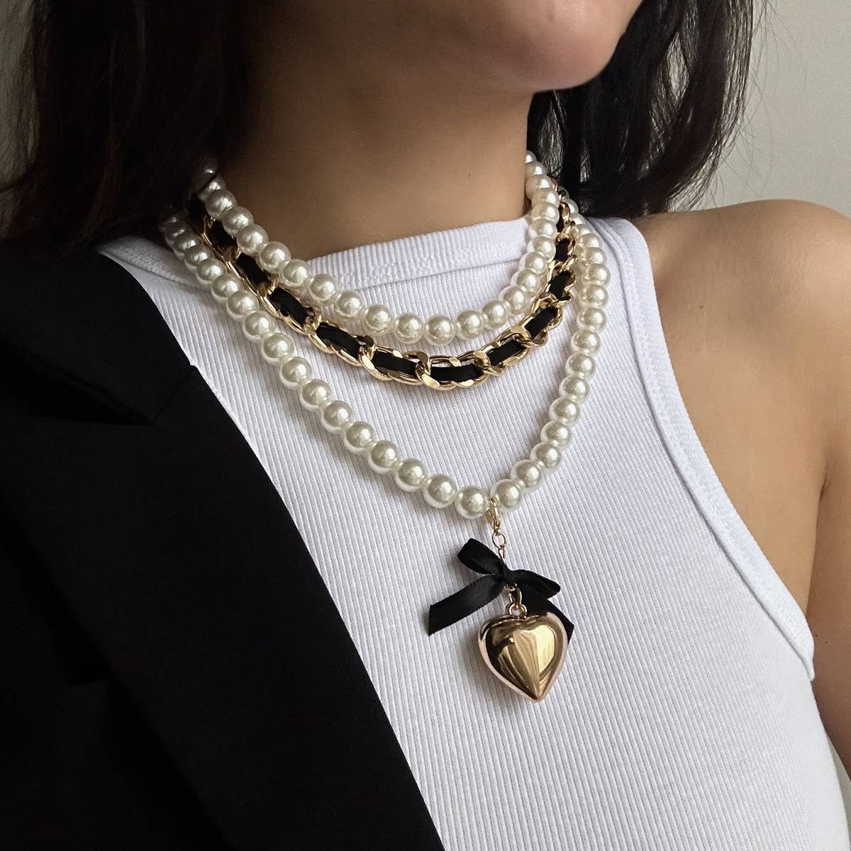 HIGH-END FASHION PEARL RIBBON BEADED NECKLACE