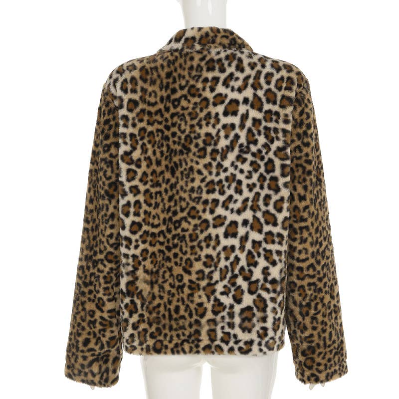 LEOPARD PRINT FUR LAPEL BAGGY VINTAGE ZIP HOODIE