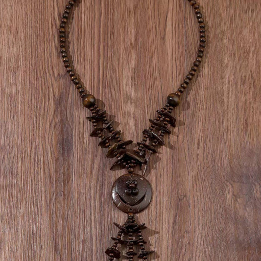 ETHNIC COCONUT SHELL WOOD BEADS VINTAGE NECKLACE