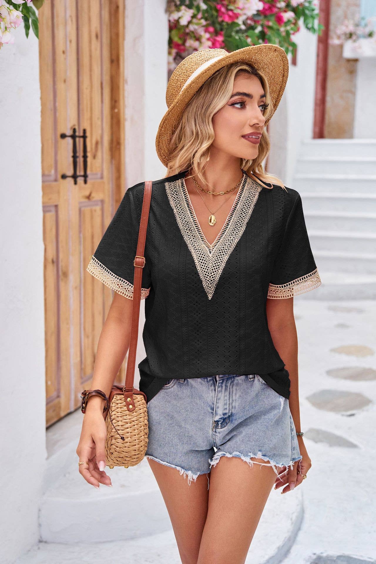 V-neck lace patchwork solid short sleeve top