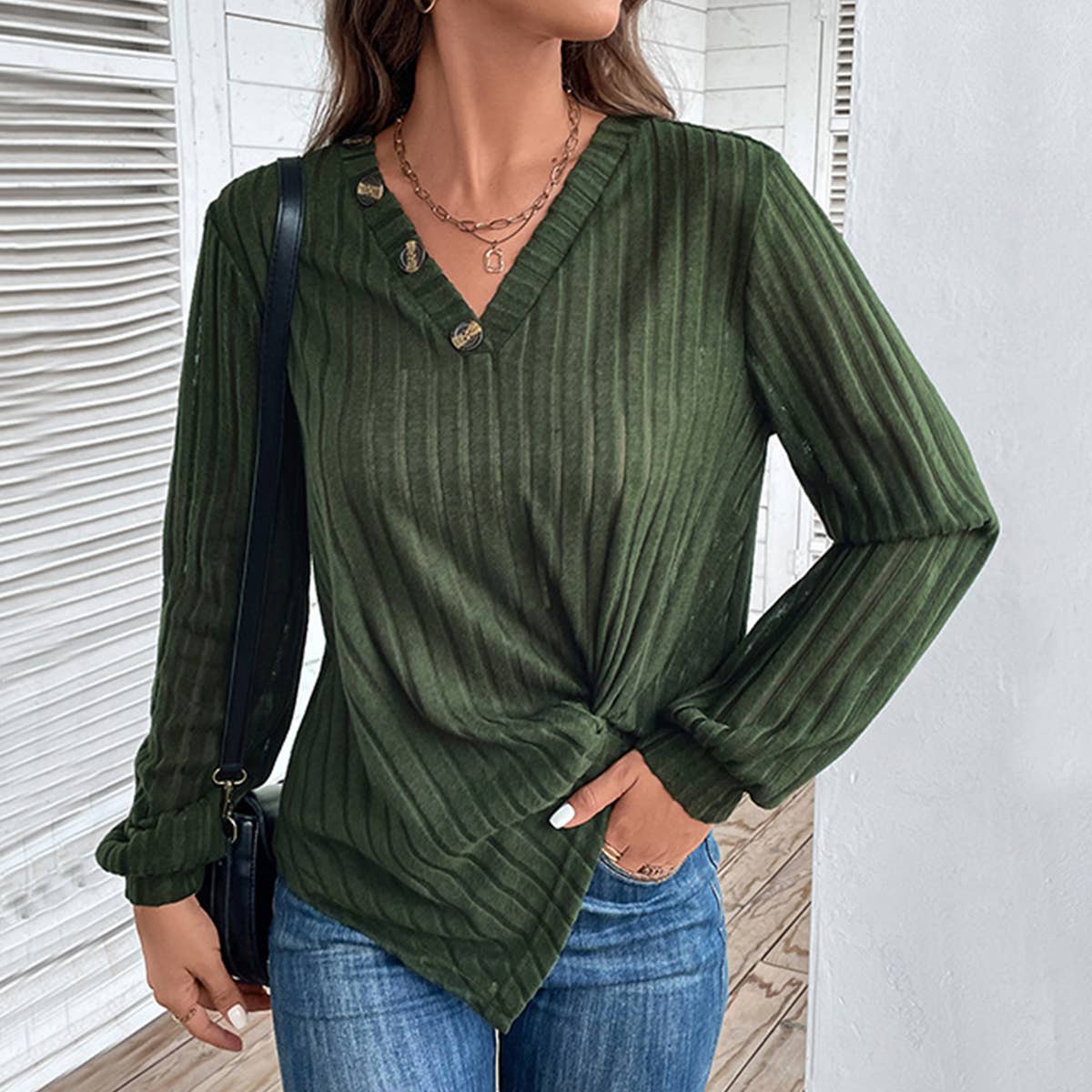 V-NECK TEXTURE SOLID COLOR PIT STRIP SWEATER