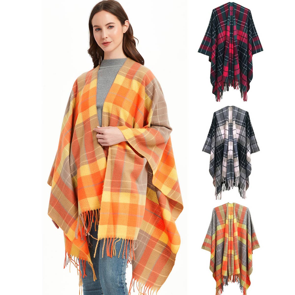 CAPE DOUBLE-SIDED PLAID SLIT SHAWL_CWASC1209