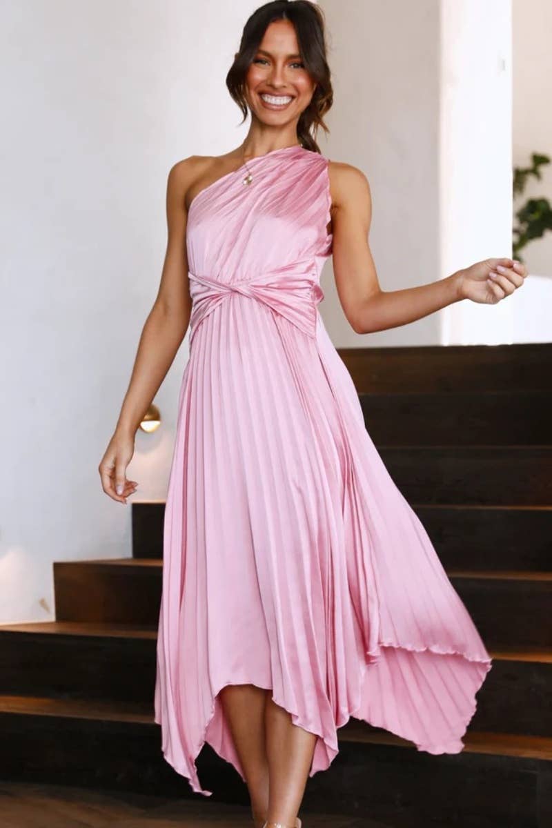 CWDMD1912_SEXY SLEEVELESS ONE-SHOULDER PLEATED LONG DRESS