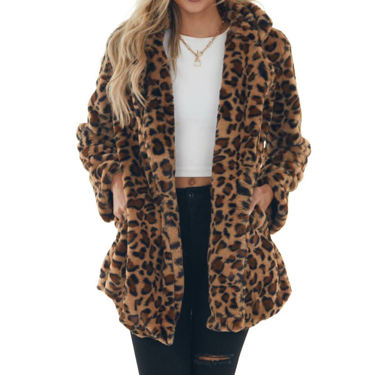 STYLISH FAUX FUR COAT WITH BAGGY FUR POCKETS