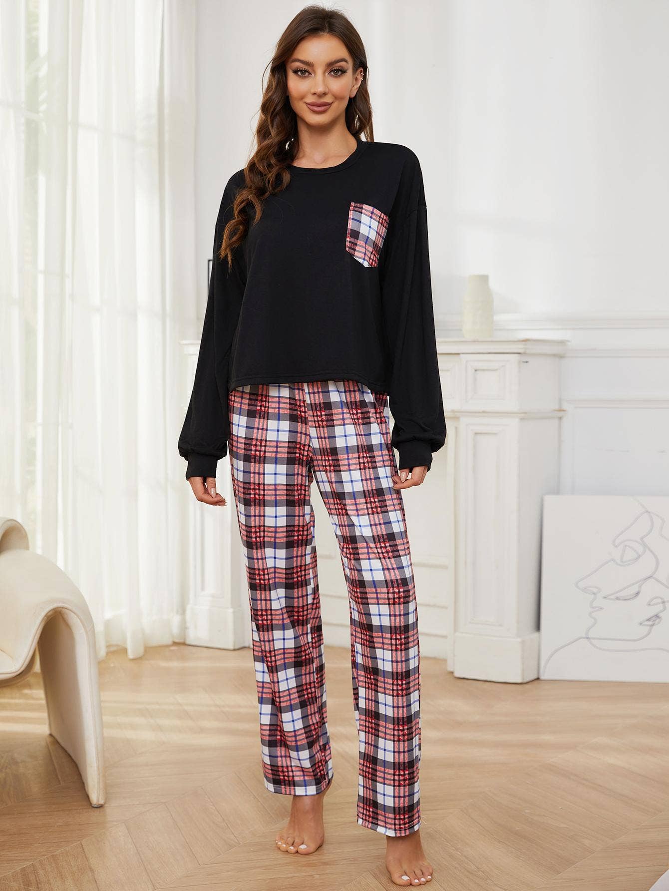 TWO-PIECE PLAID PRINTED TROUSERS LOUNGEWEAR