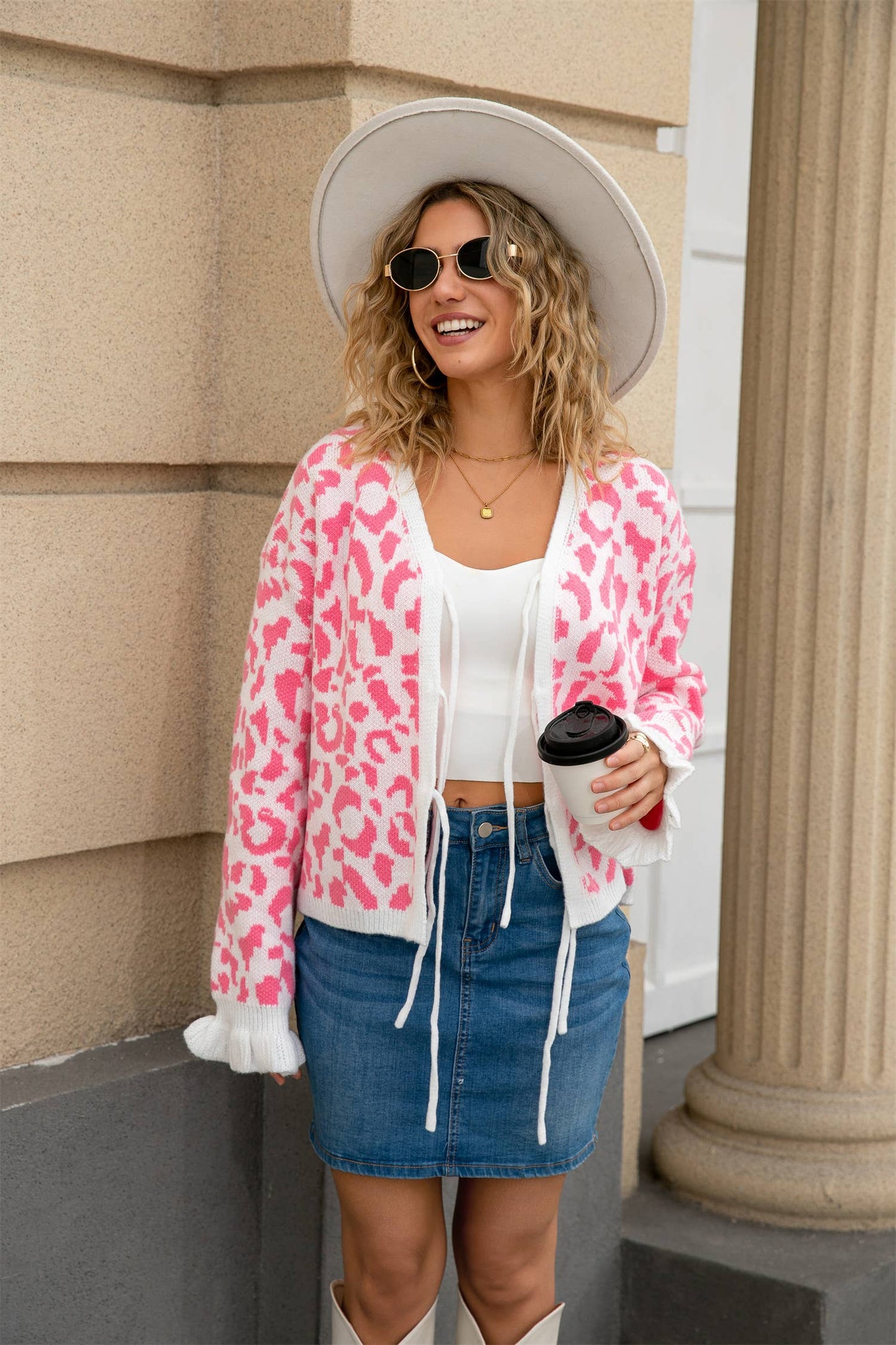 Leopard loose long-sleeved lace-up cardigan