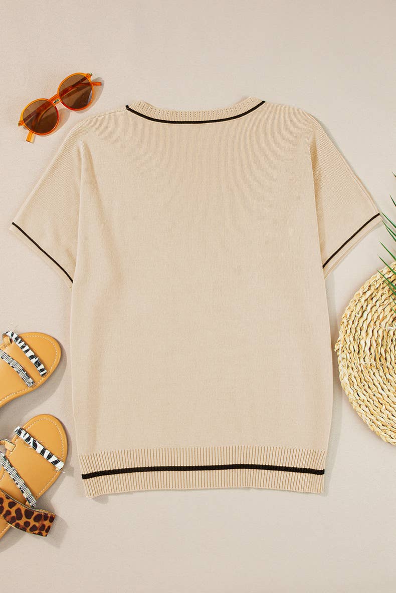 Round-neck,short-sleeved, color-blocked sweater