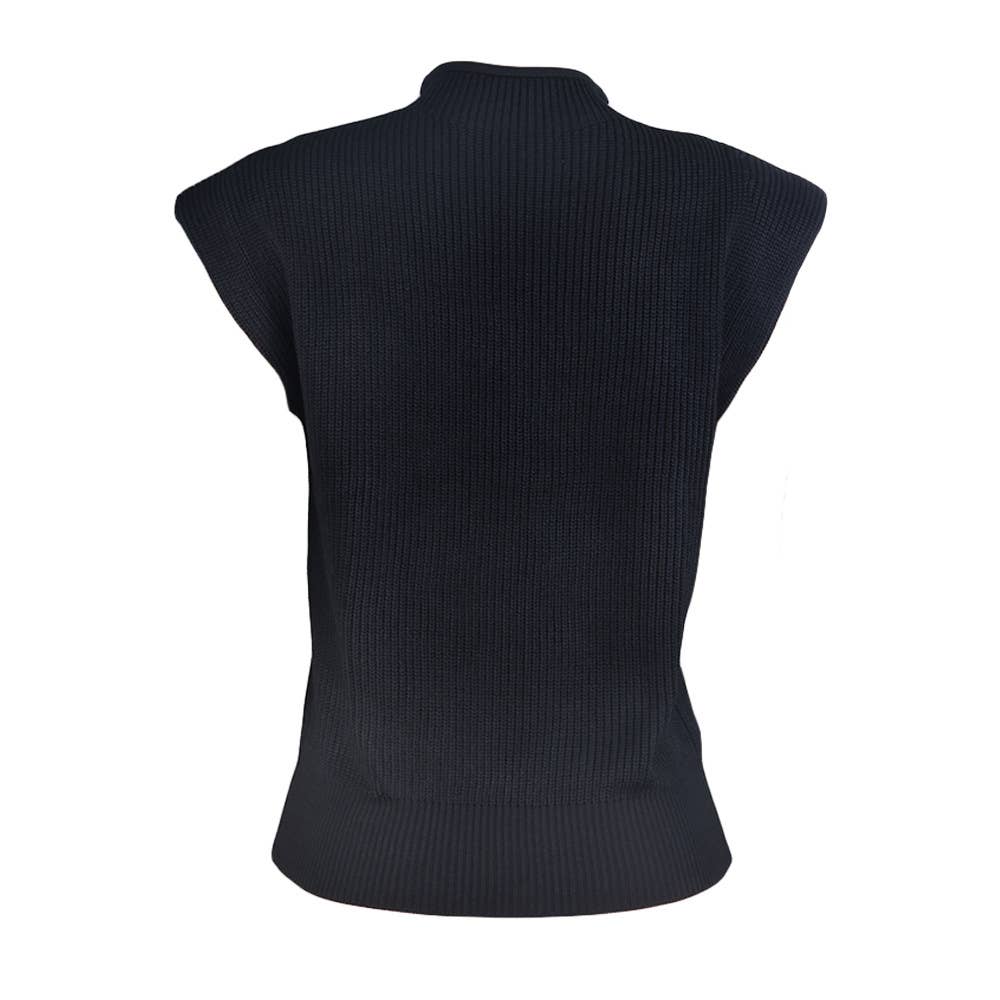 SOLID SLEEVELESS TURTLENECK SHOULDER PAD SWEATER