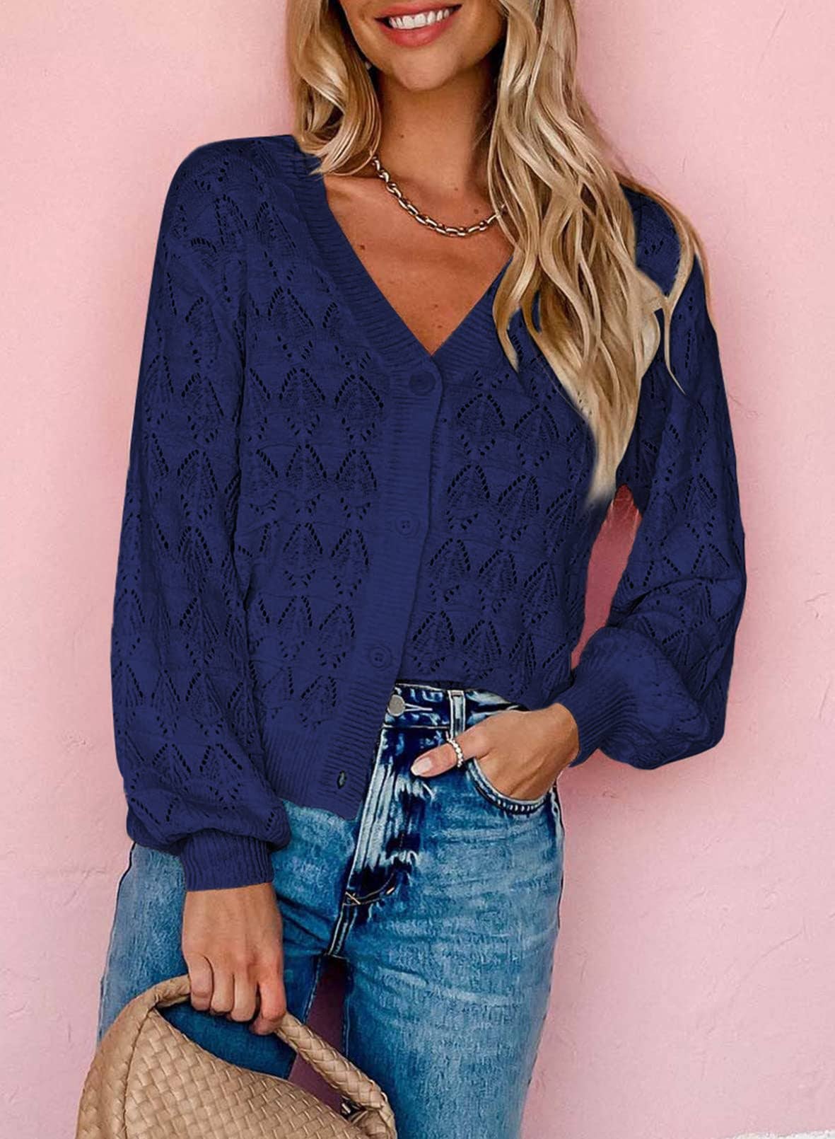 LONG SLEEVE CROCHET V-NECK CARDIGAN
