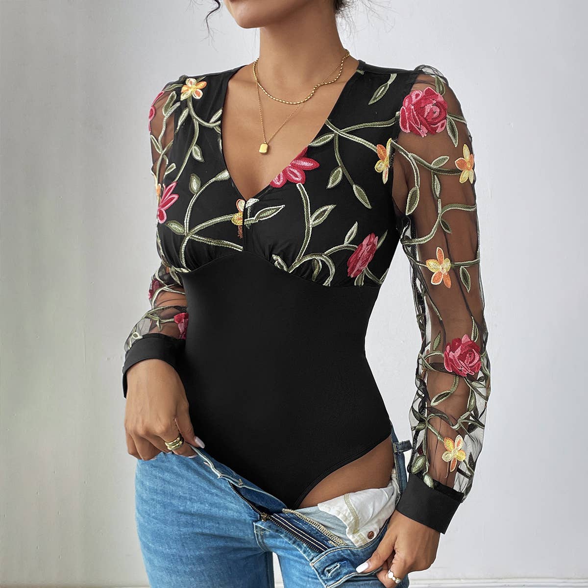 MESH BLACK PATCHWORK LONG-SLEEVED ONESIE