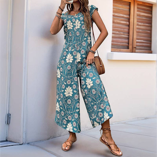 Long ethnic style printed wide-leg jumpsuit