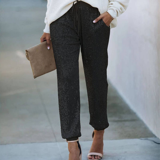 THIN ELASTIC LEG SEQUIN BASIC WOMEN'S PANTS