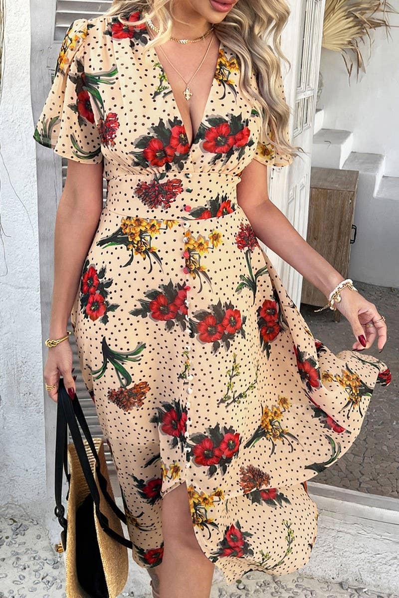 CWDMD5354_SUMMER SEXY DEEP V PRINTED SHORT SLEEVE DRESS