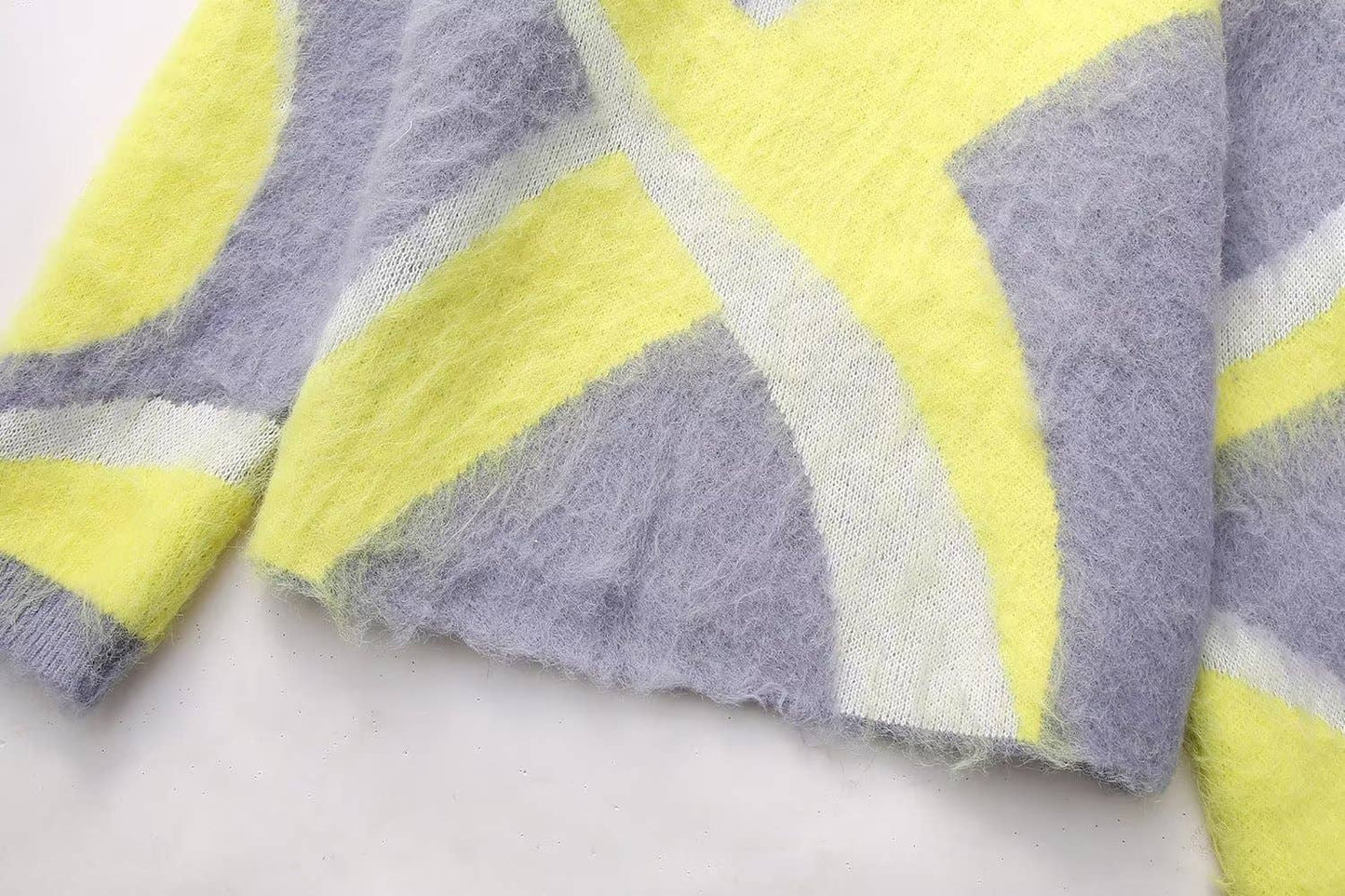 RUFFLED PATCHWORK CREW NECK PULLOVER SWEATER