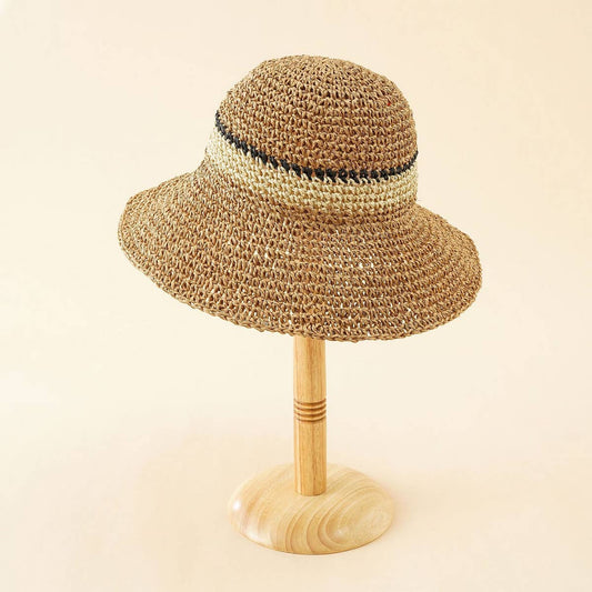 SUN PROTECTION STRIPED STRAW BUCKET HAT_CWAH1426