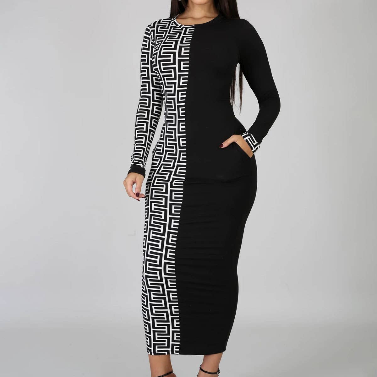 PATCHWORK PRINT FASHION SLIM-FIT LONG DRESS