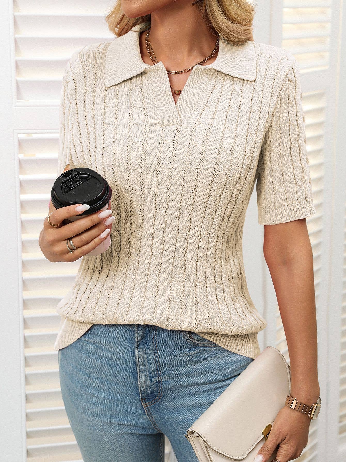 Short-sleeved lapel V-neck knitted sweater