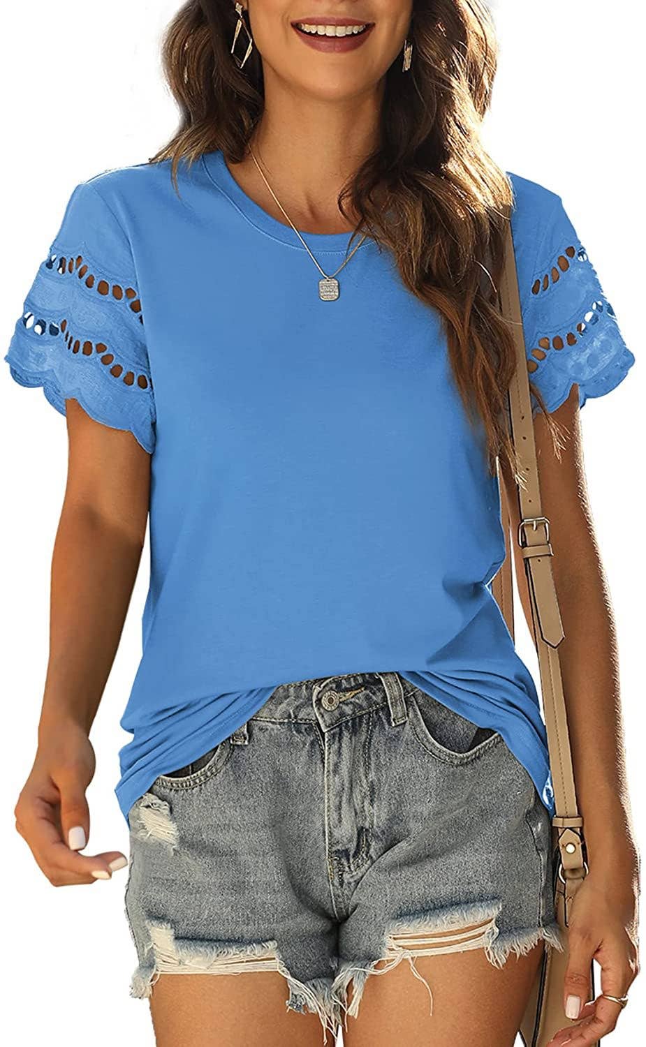 LACE PATCHWORK SHORT SLEEVE T-SHIRT CREW-NECK TOP