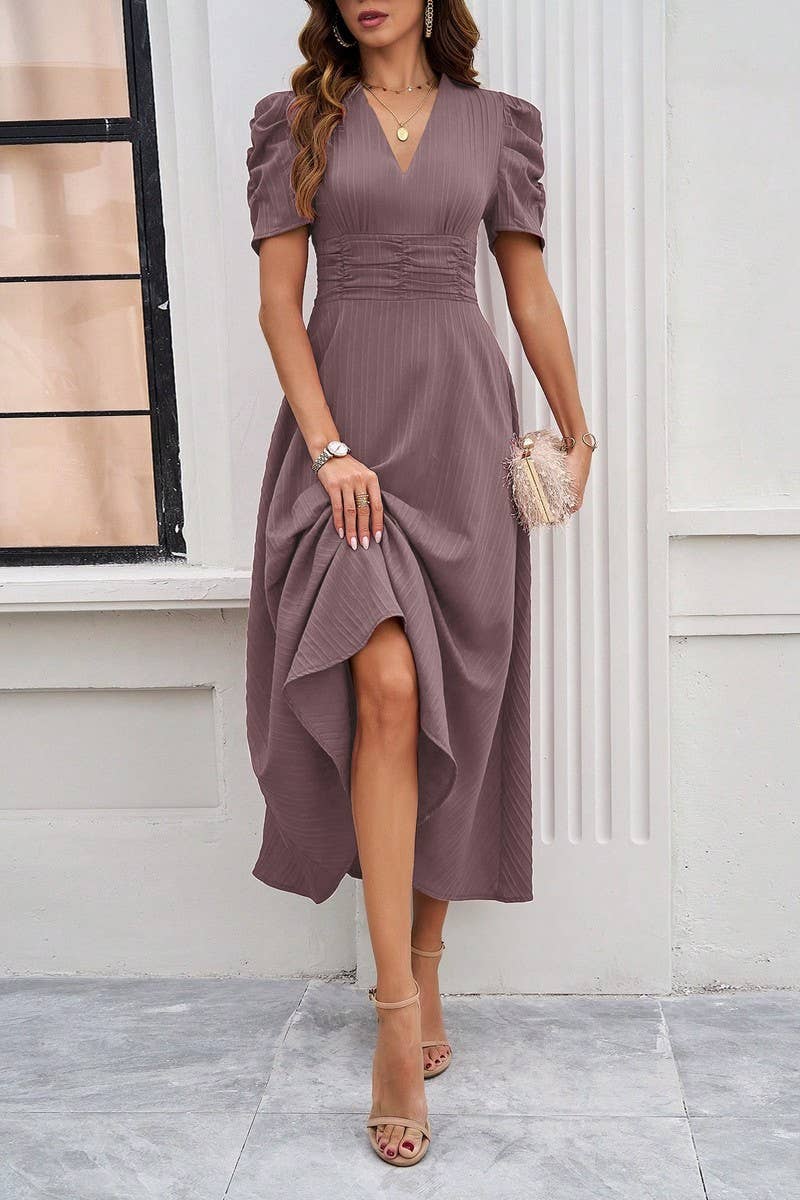 CWDMD5340_V-NECK ELEGANT SOLID COLOR HIGH WAIST DRESS