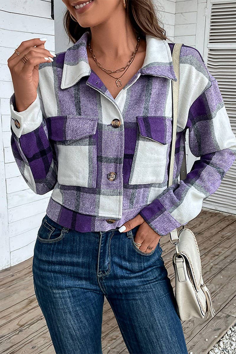 CWOJA0824_CROPPED PLAID CARDIGAN LAPEL JACKET