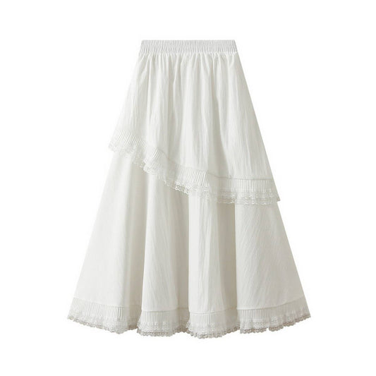 Lace Patchwork Ruffle Hem High-Waist Maxi Skirt
