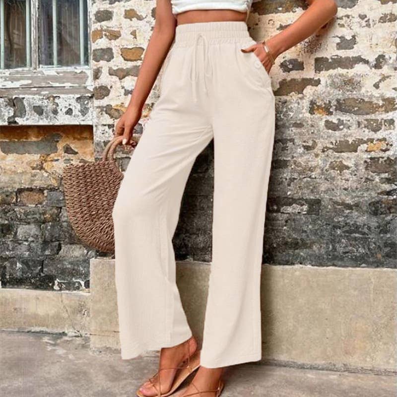 High Waist Elastic Straight Pants with Pockets
