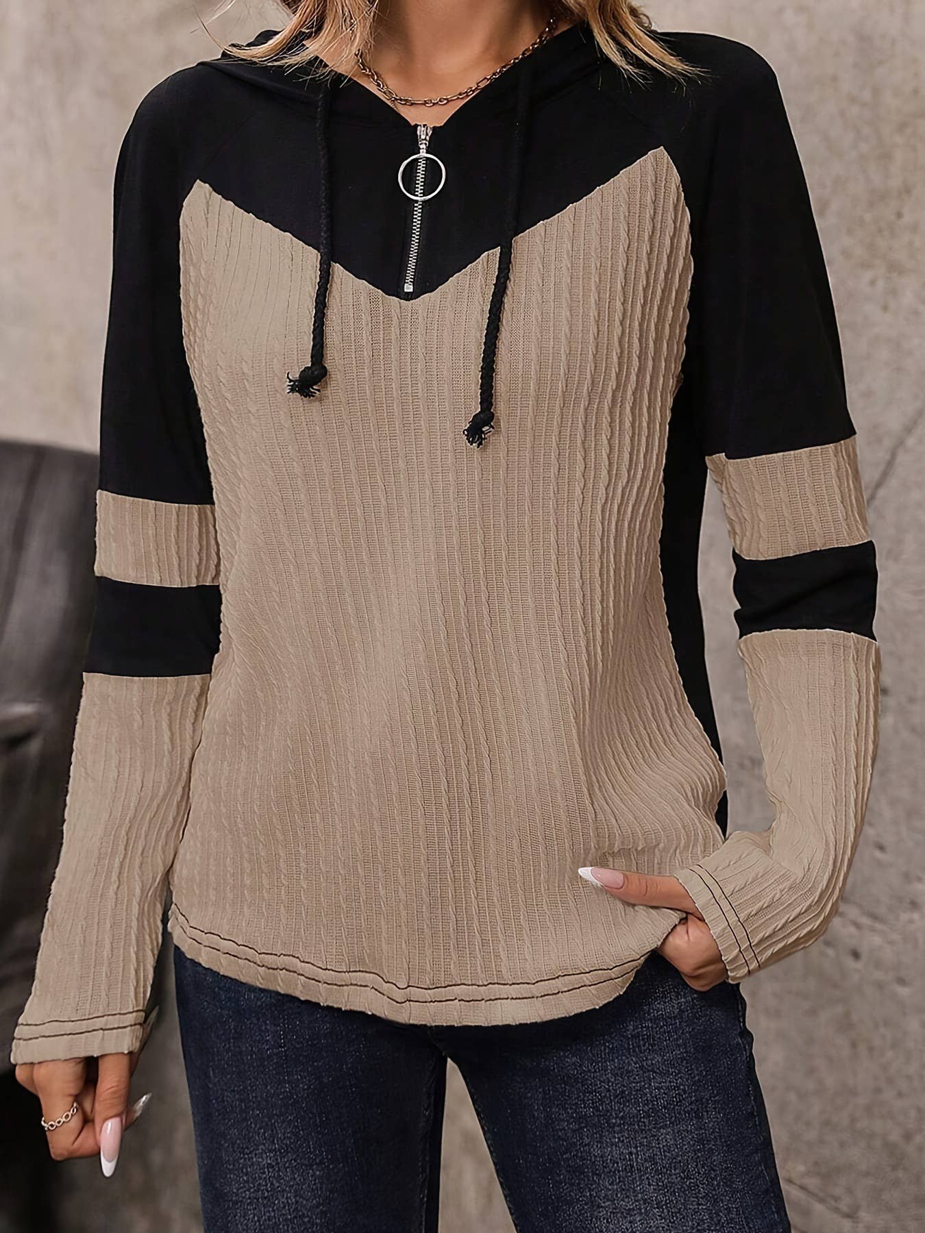 ZIPPER FRONT KNIT LONG SLEEVE COLOR HOODIE