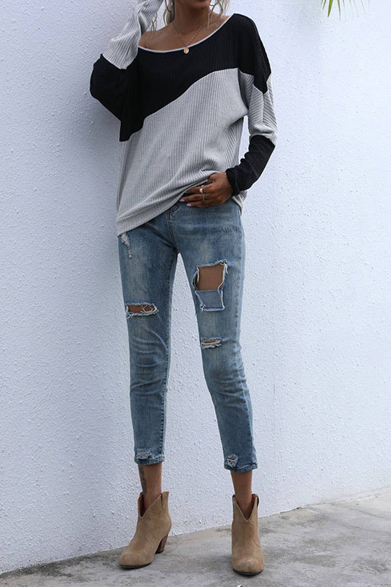 Line neck color matching T-shirt loose top