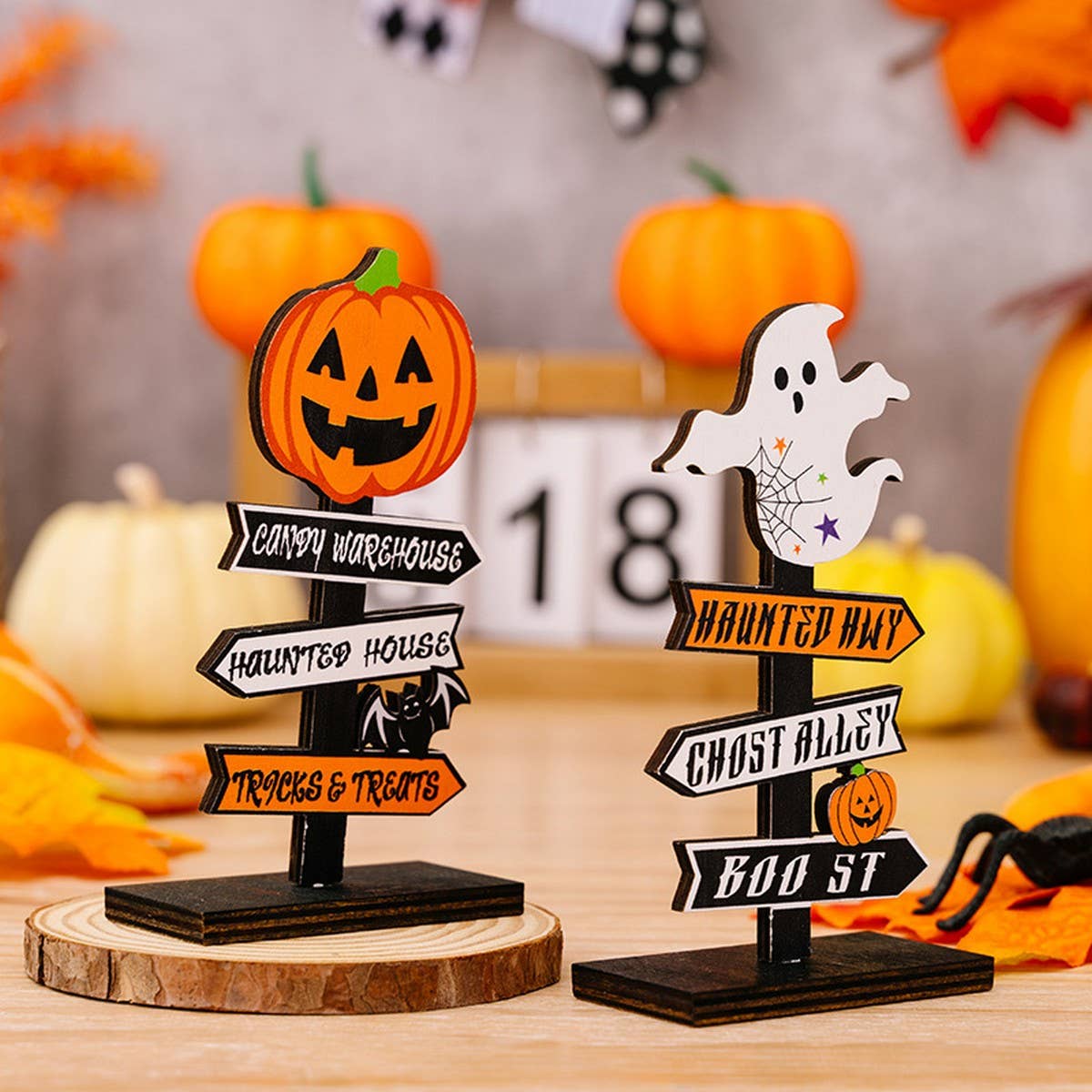 CWMM10239_HALLOWEEN WOODEN PUMPKIN GHOST TABLE DECORATION