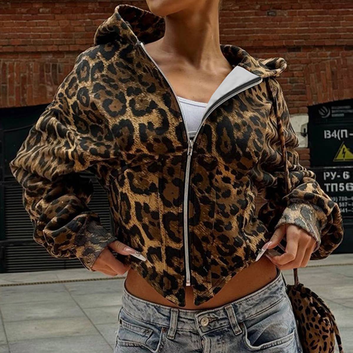 LEOPARD PRINT ZIPPER HOODIE PATCHWORK CARDIGAN