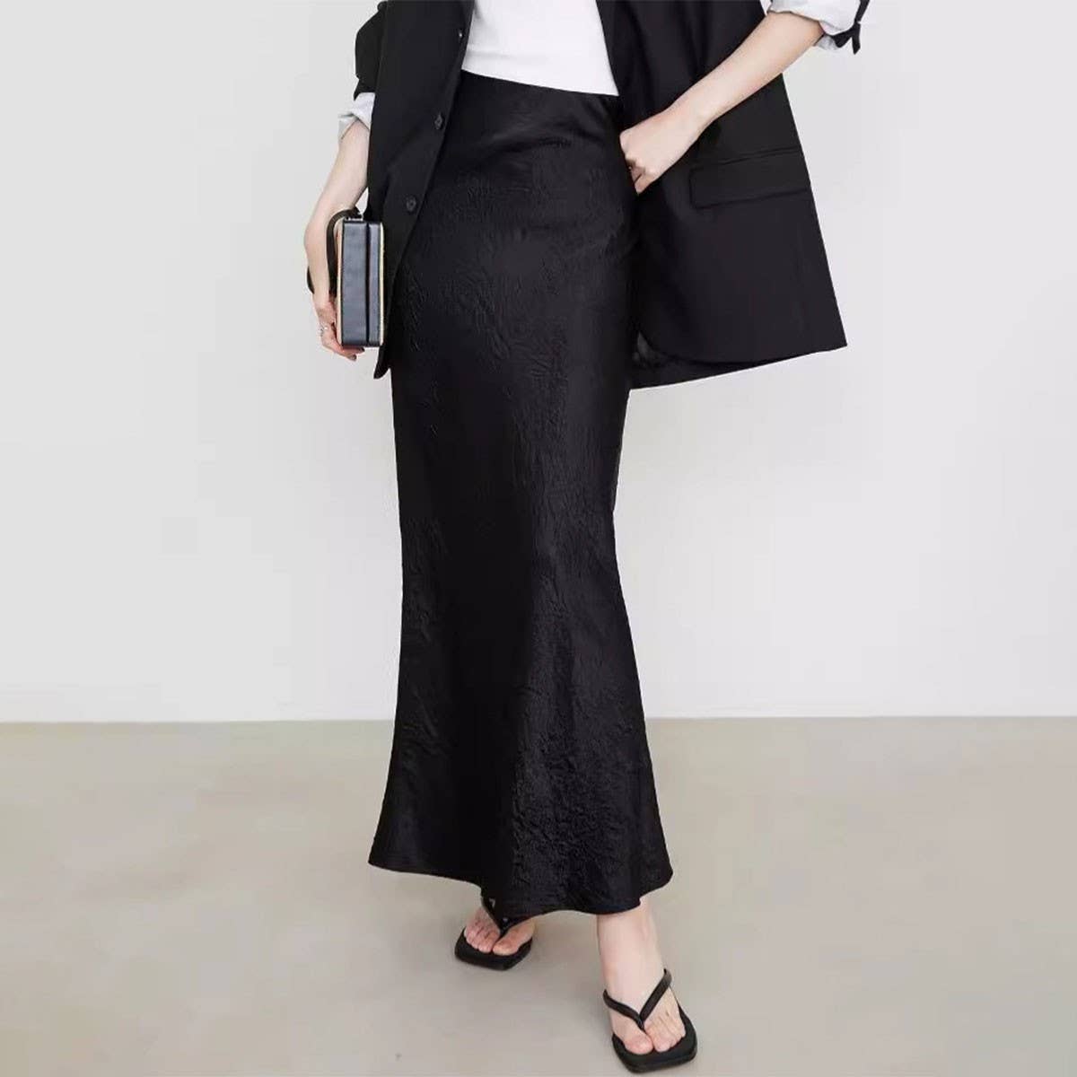 SATIN SKIRT HIGH WAIST ELASTIC PATTERN LONG SKIRT