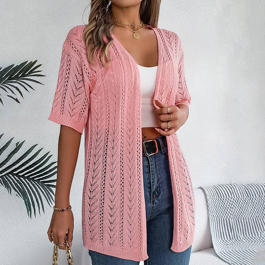 HOLLOW-OUT SHORT-SLEEVED KNIT SUNSCREEN SHIRT