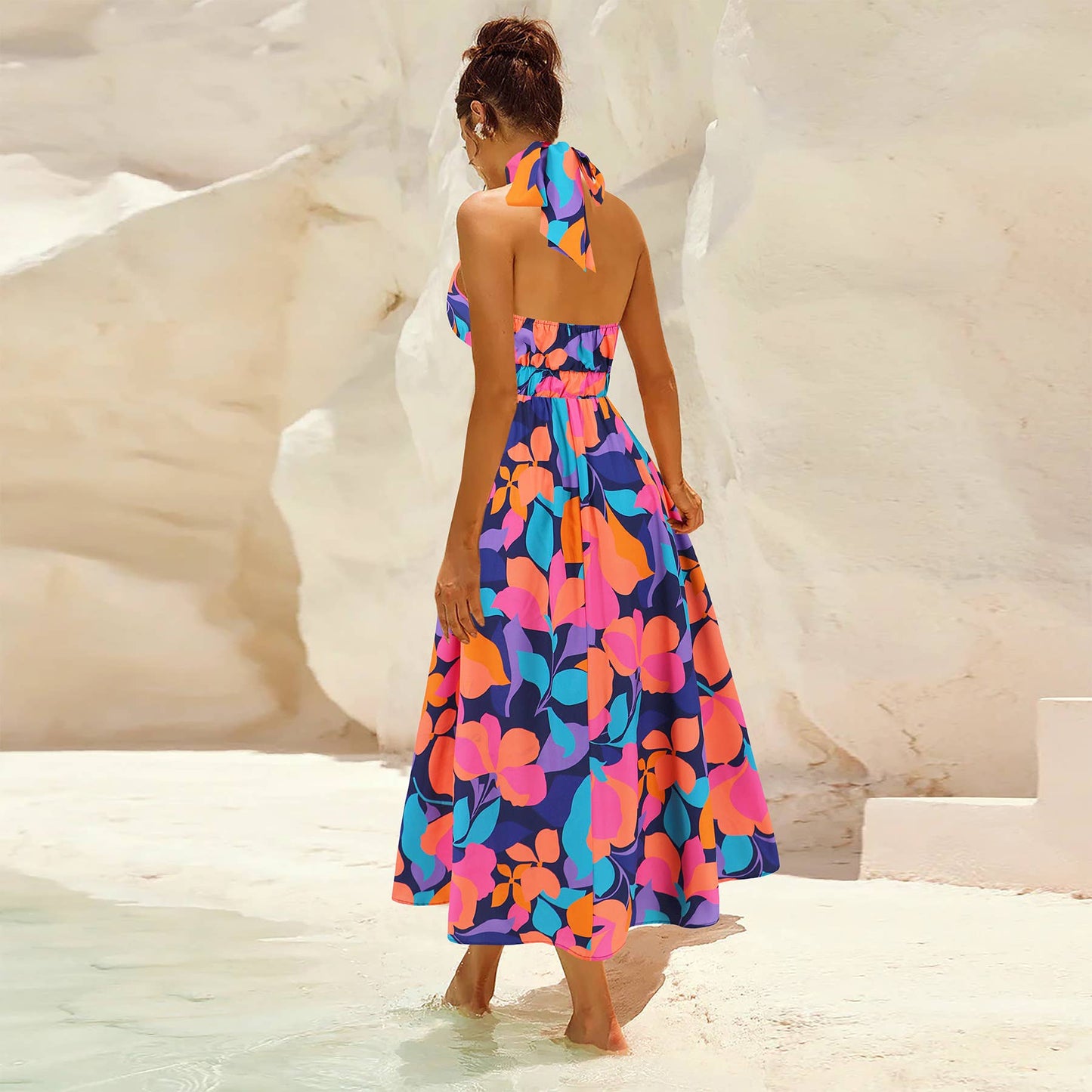 Sleeveless Halter Neck Printed Midi Dress