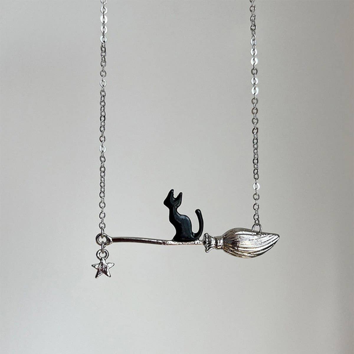 HALLOWEEN MAGIC BROOM BLACK CAT NECKLACE