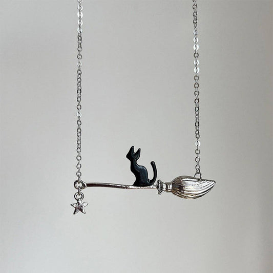 HALLOWEEN MAGIC BROOM BLACK CAT NECKLACE