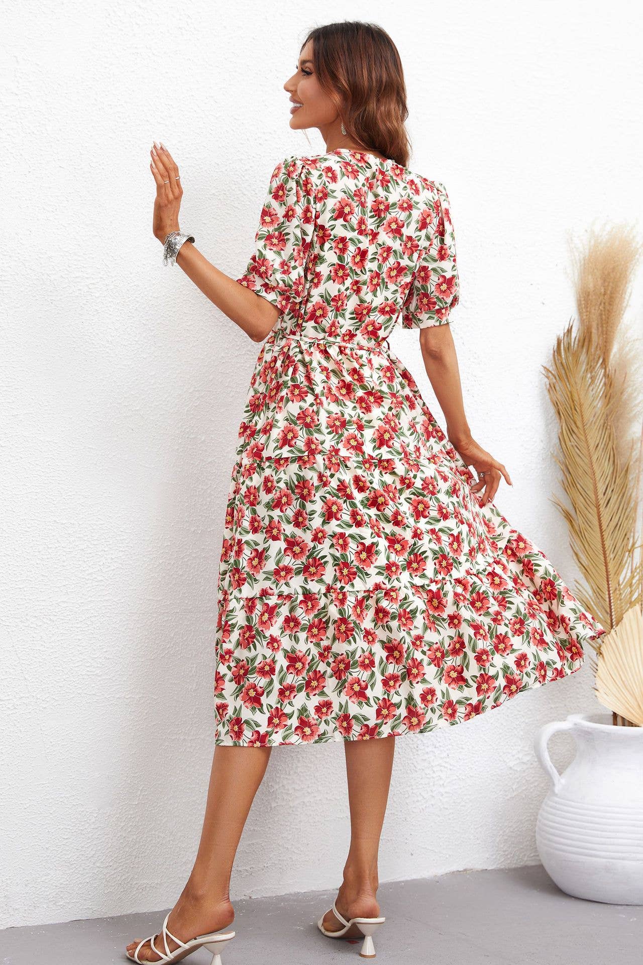 LAPEL FASHION PRINT WAIST DRAW-IN LONG DRESS