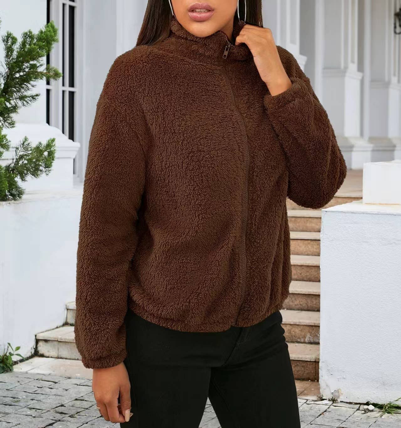 LONG SLEEVE SOLID COLOR PLUSH LOOSE WARM CARDIGAN