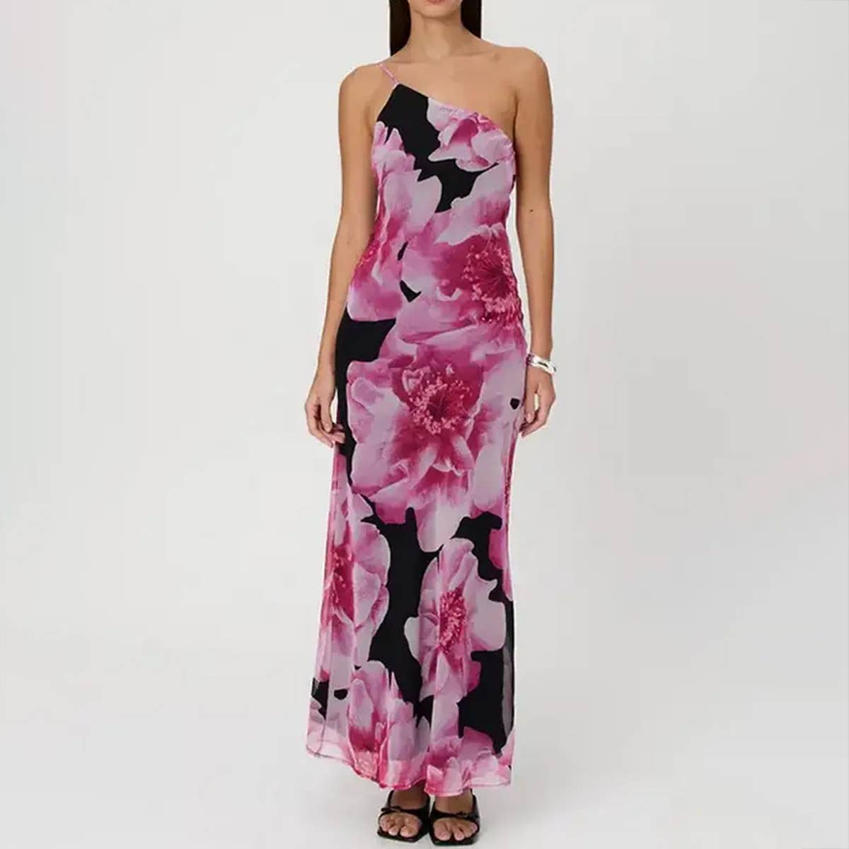 Vintage print slim-fit one-shoulder halter dress