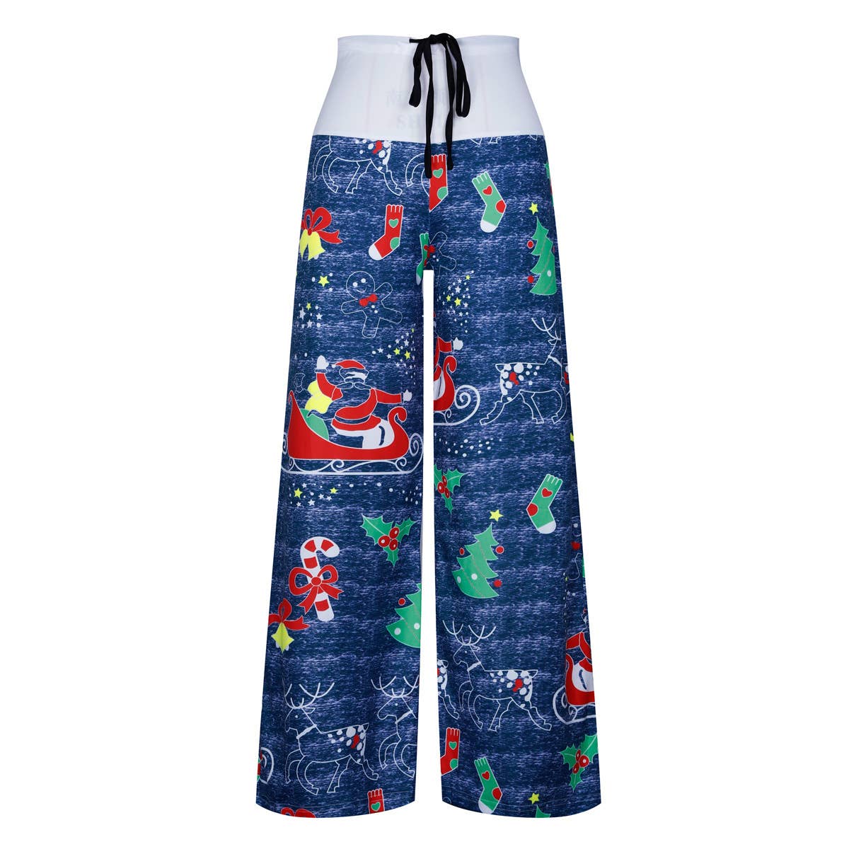 Christmas print patchwork lace-up wide-leg pants