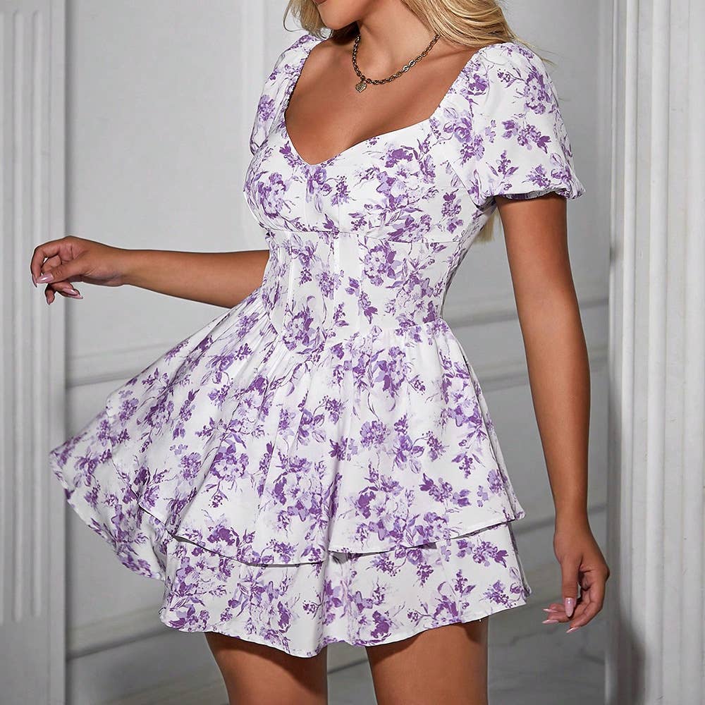 PRINTED SLIM SHORT SLEEVE CAKE DRESS
