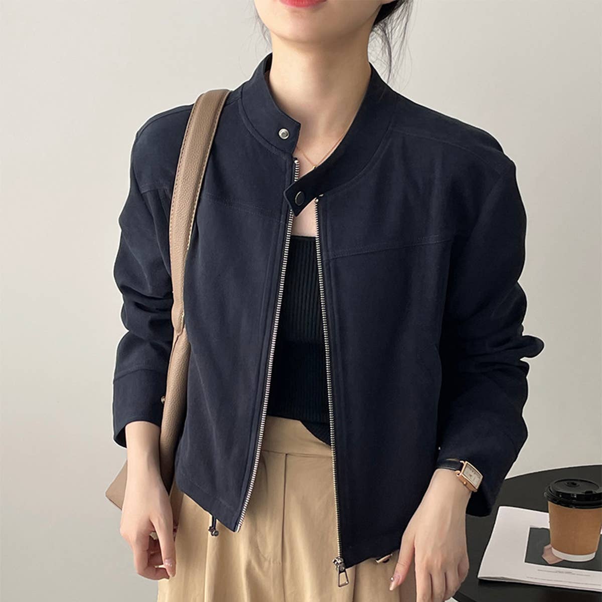 Vintage stand-up collar suede short jacket
