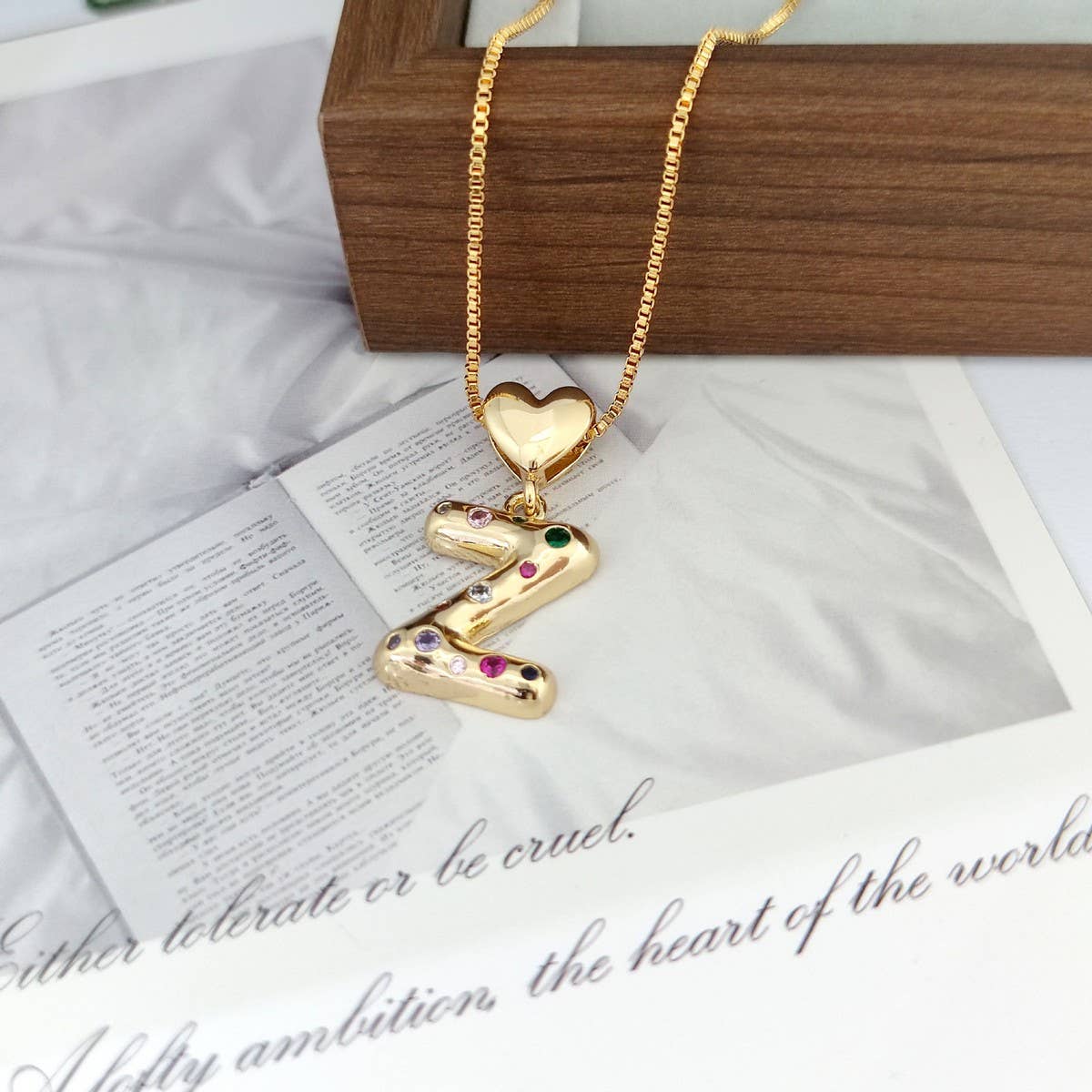 Colorful Zirconia Heart Letter Pendant Necklace