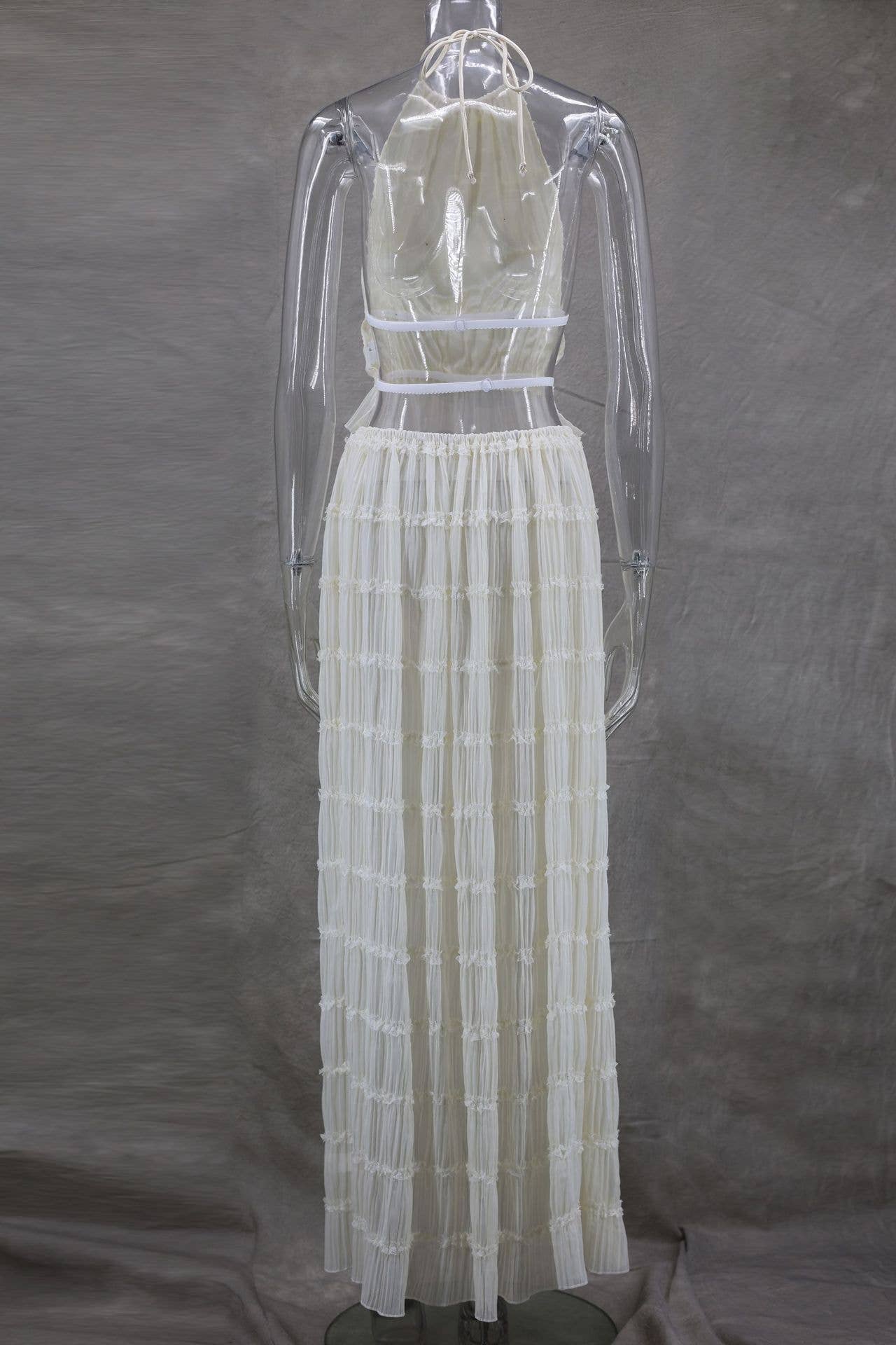 Sexy Backless Halter Lace Trim Cami Maxi Set