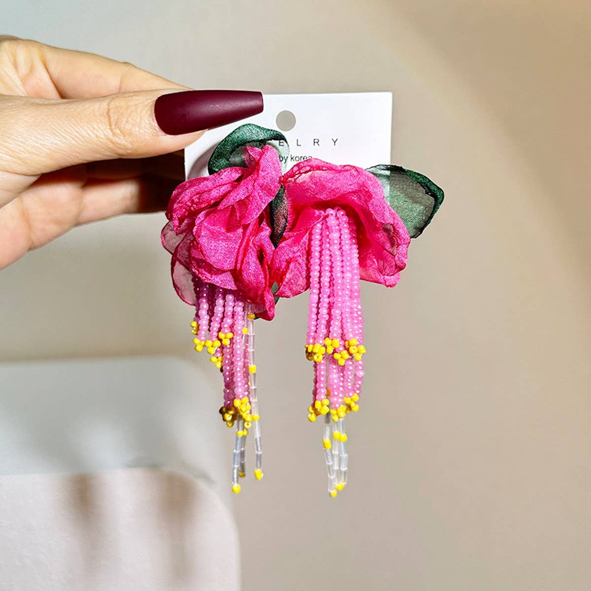 Handmade Floral Tassel Earrings Long Statement