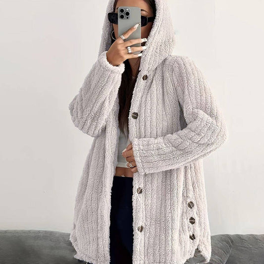 SOLID COLOR LONG SLEEVE HOODED LOOSE FLUFFY COAT