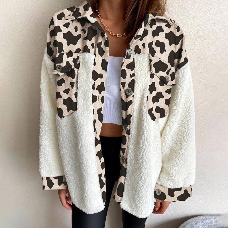 LAPEL LEOPARD PLAID PRINT FLEECE PATCHWORK COAT