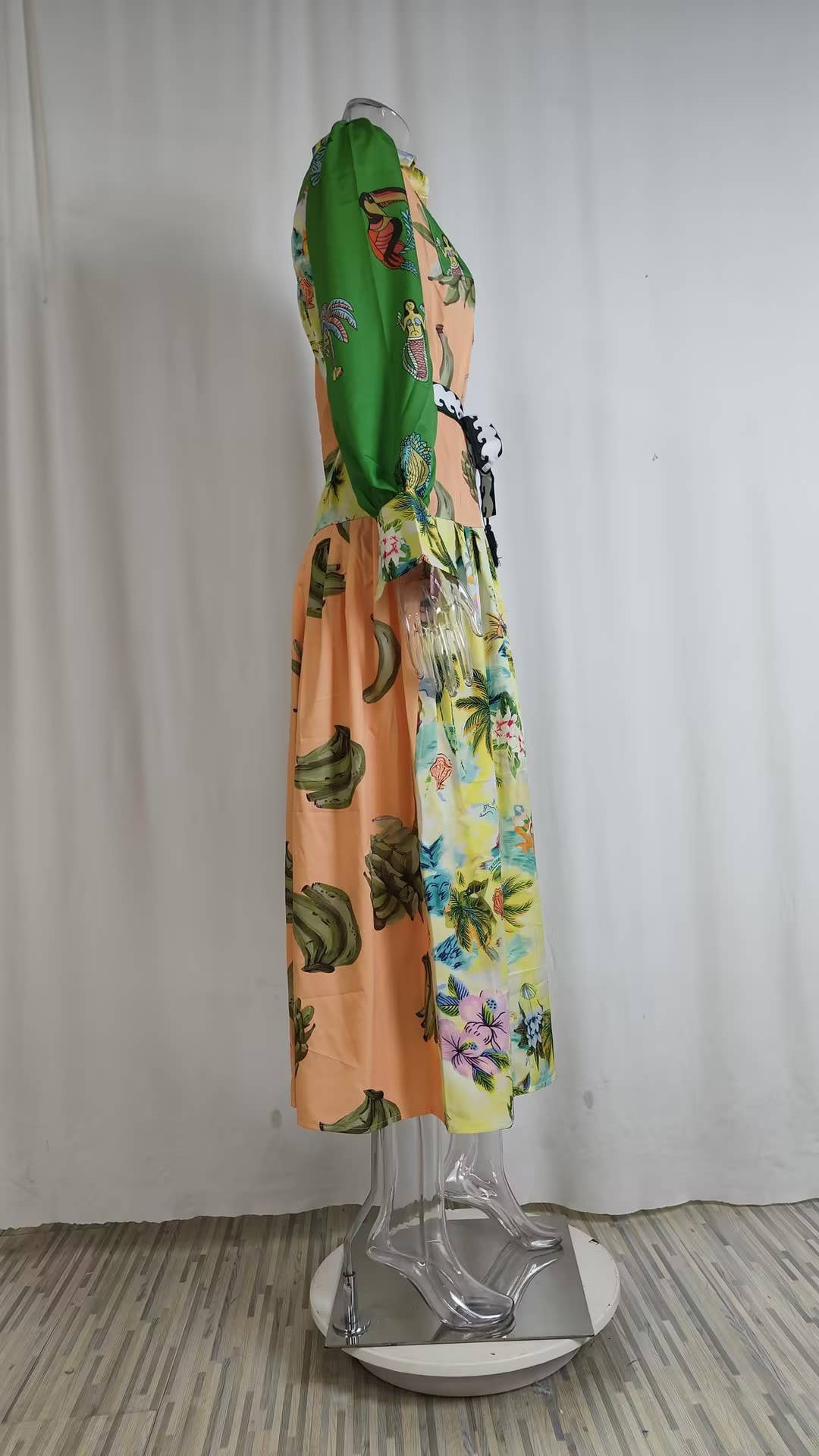 LANTERN SLEEVE PRINTED LAPEL LONG-SLEEVED DRESS