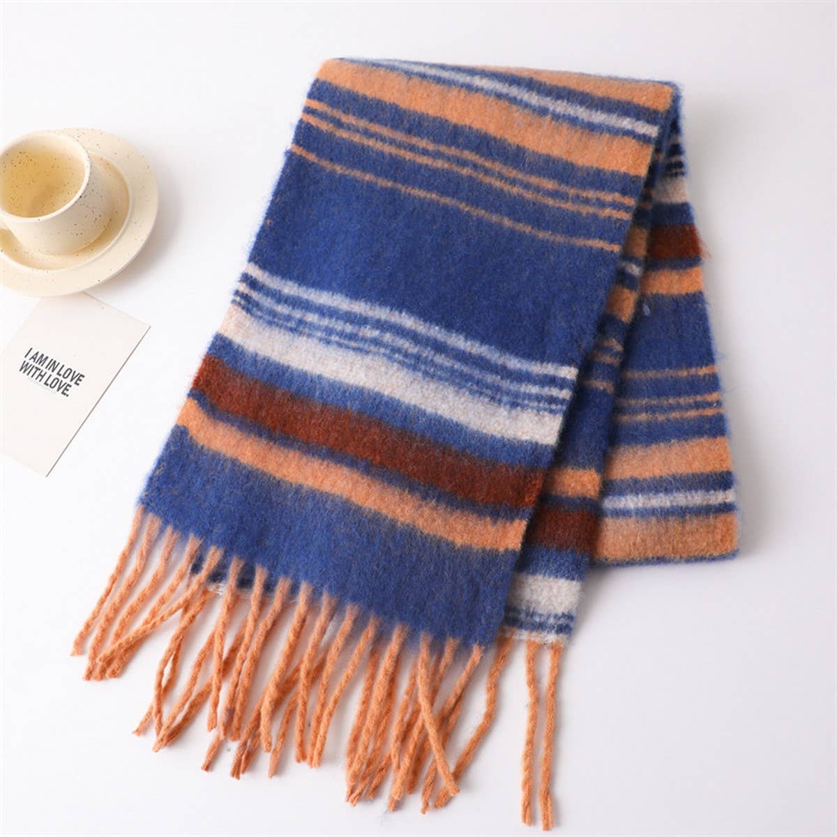 Color Stripe Fluffy Tassel Scarf for Winter