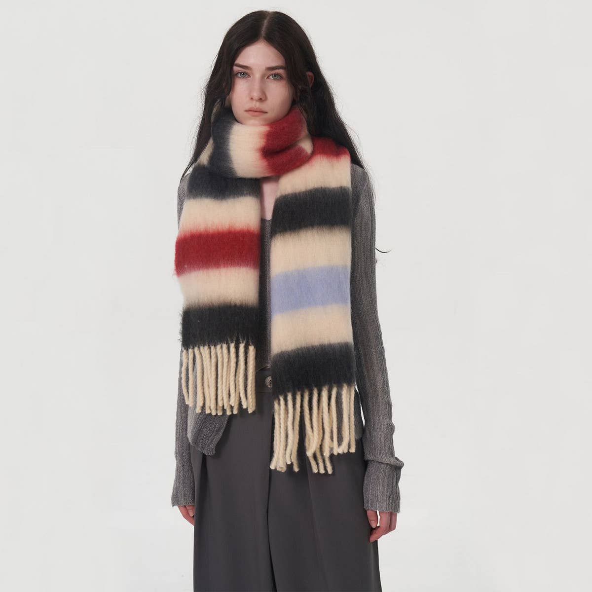 WOMEN CONTRASTING STRIPED FRINGED PLAID SCARF