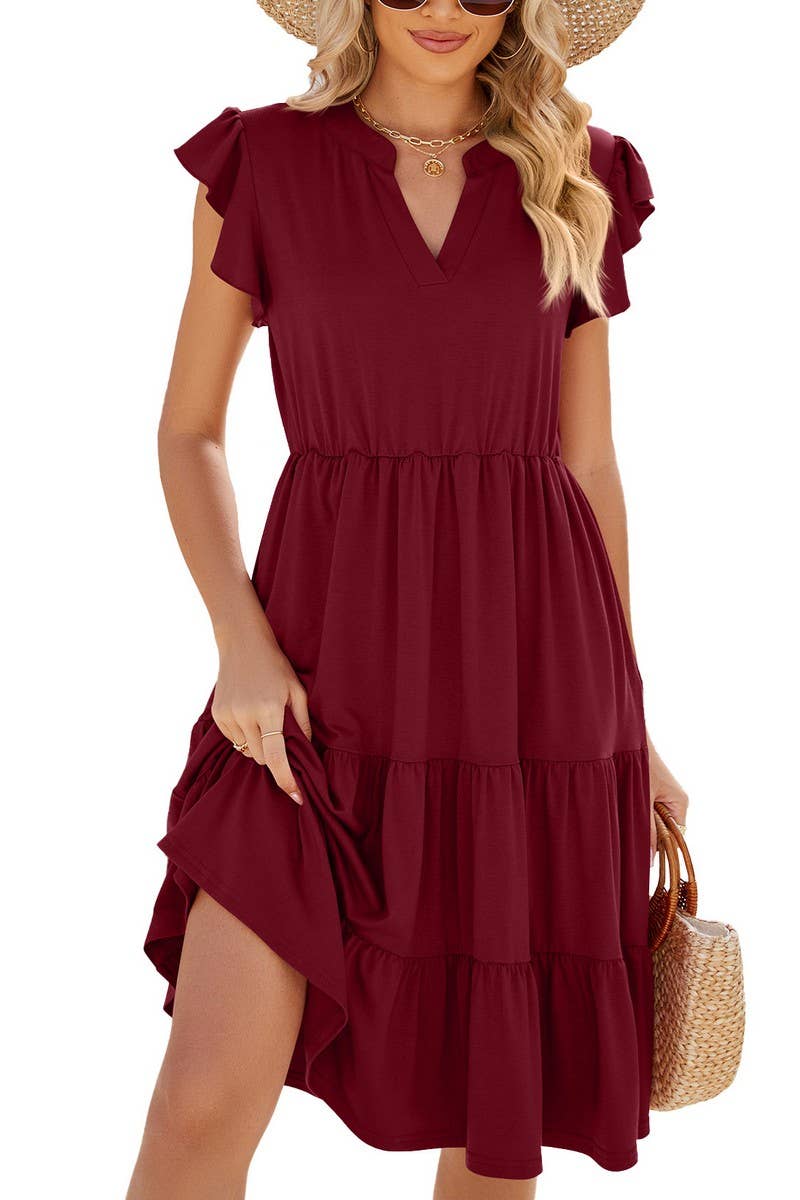 CWDMD2224_V-NECK RUFFLE SLEEVE SOLID COLOR CASUAL DRESS
